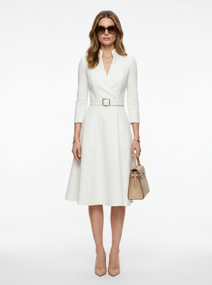 LadyLuxury | Elegant V-Neck Belted Midi Dress - A-Line Waist Cinched Long Sleeve Dress