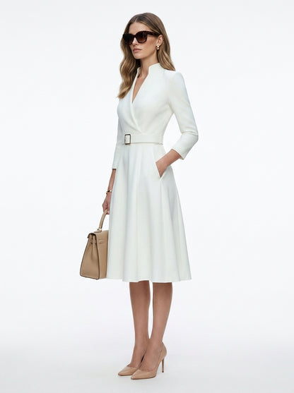 LadyLuxury | Elegant V-Neck Belted Midi Dress - A-Line Waist Cinched Long Sleeve Dress
