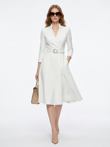 LadyLuxury | Elegant V-Neck Belted Midi Dress - A-Line Waist Cinched Long Sleeve Dress