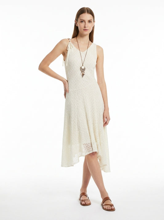 LadyLuxury | Lace Mesh V-Neck Pleated Sundress - Elegant Fairycore Beige Midi