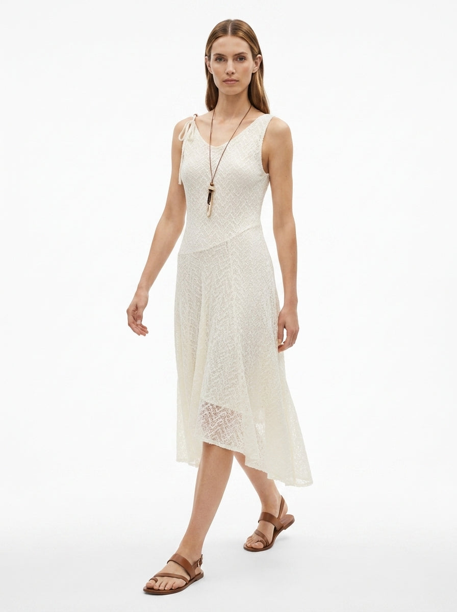 LadyLuxury | Lace Mesh V-Neck Pleated Sundress - Elegant Fairycore Beige Midi