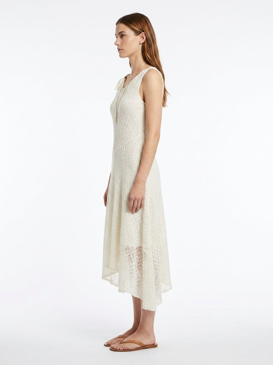 LadyLuxury | Lace Mesh V-Neck Pleated Sundress - Elegant Fairycore Beige Midi