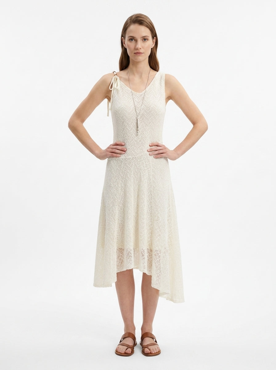 LadyLuxury | Lace Mesh V-Neck Pleated Sundress - Elegant Fairycore Beige Midi