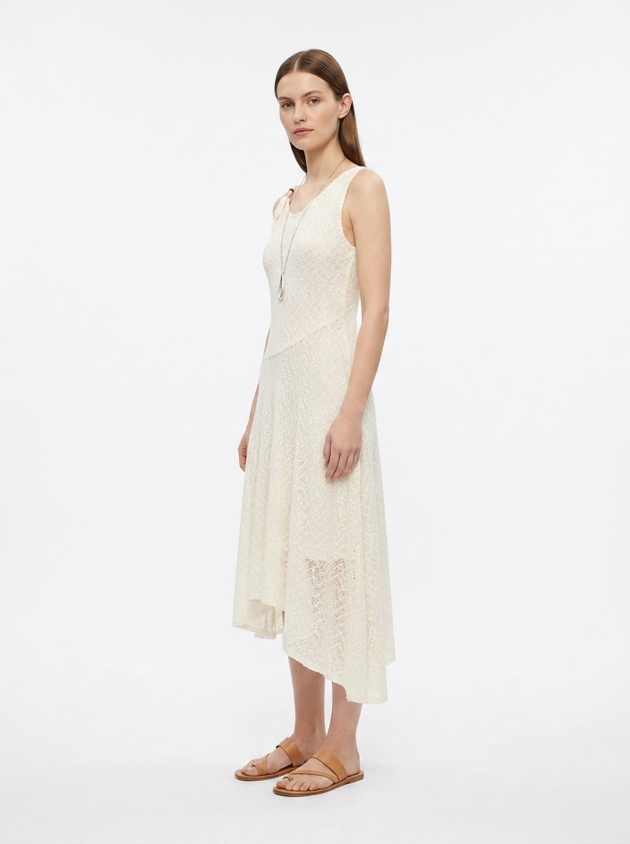 LadyLuxury | Lace Mesh V-Neck Pleated Sundress - Elegant Fairycore Beige Midi