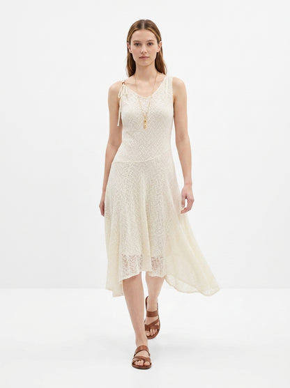 LadyLuxury | Lace Mesh V-Neck Pleated Sundress - Elegant Fairycore Beige Midi