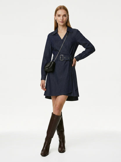 LadyLuxury | Office Chic Long Sleeve Wrap Midi Dress with Waist Tie