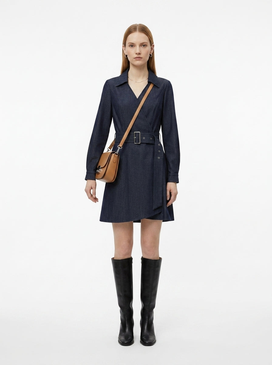 LadyLuxury | Office Chic Long Sleeve Wrap Midi Dress with Waist Tie