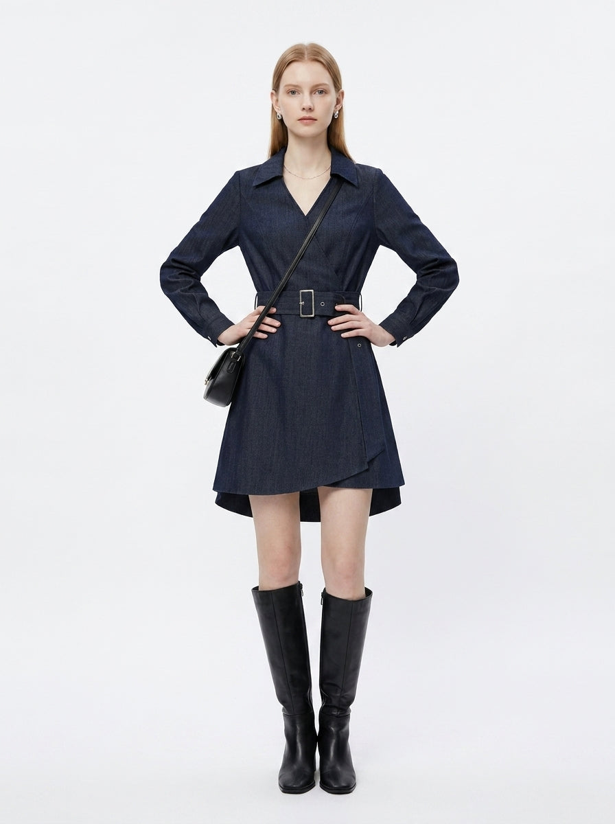 LadyLuxury | Office Chic Long Sleeve Wrap Midi Dress with Waist Tie
