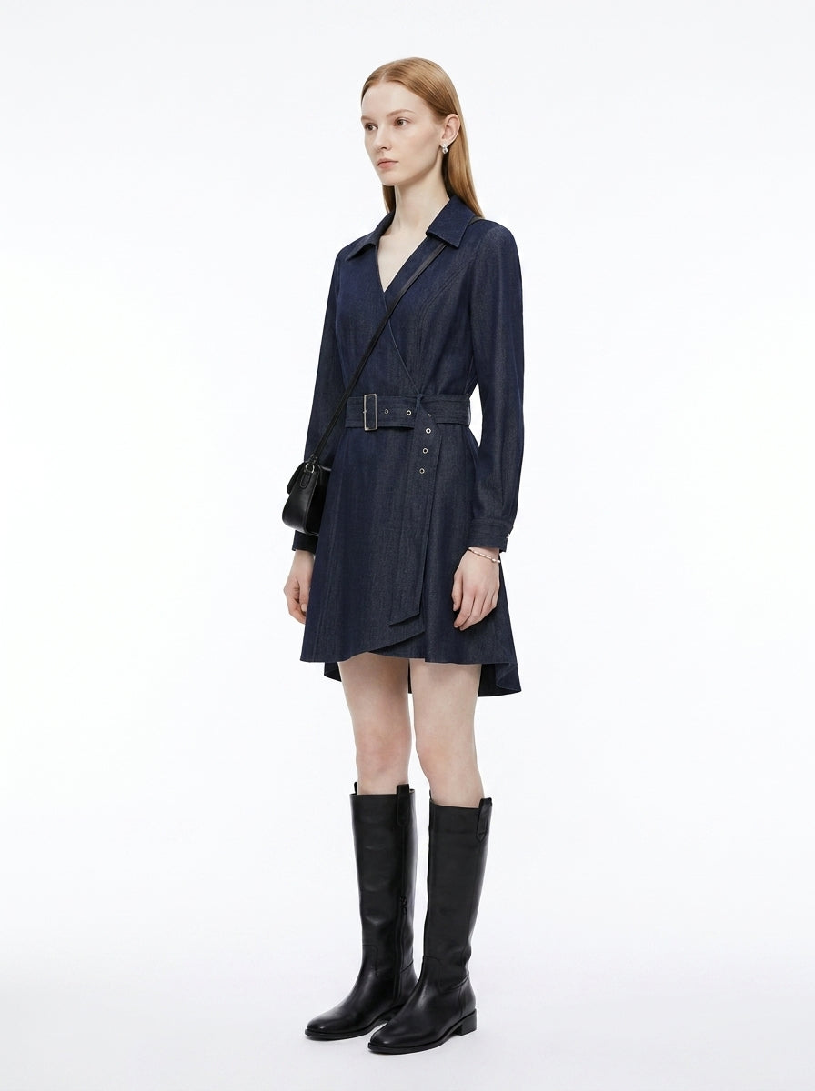 LadyLuxury | Office Chic Long Sleeve Wrap Midi Dress with Waist Tie