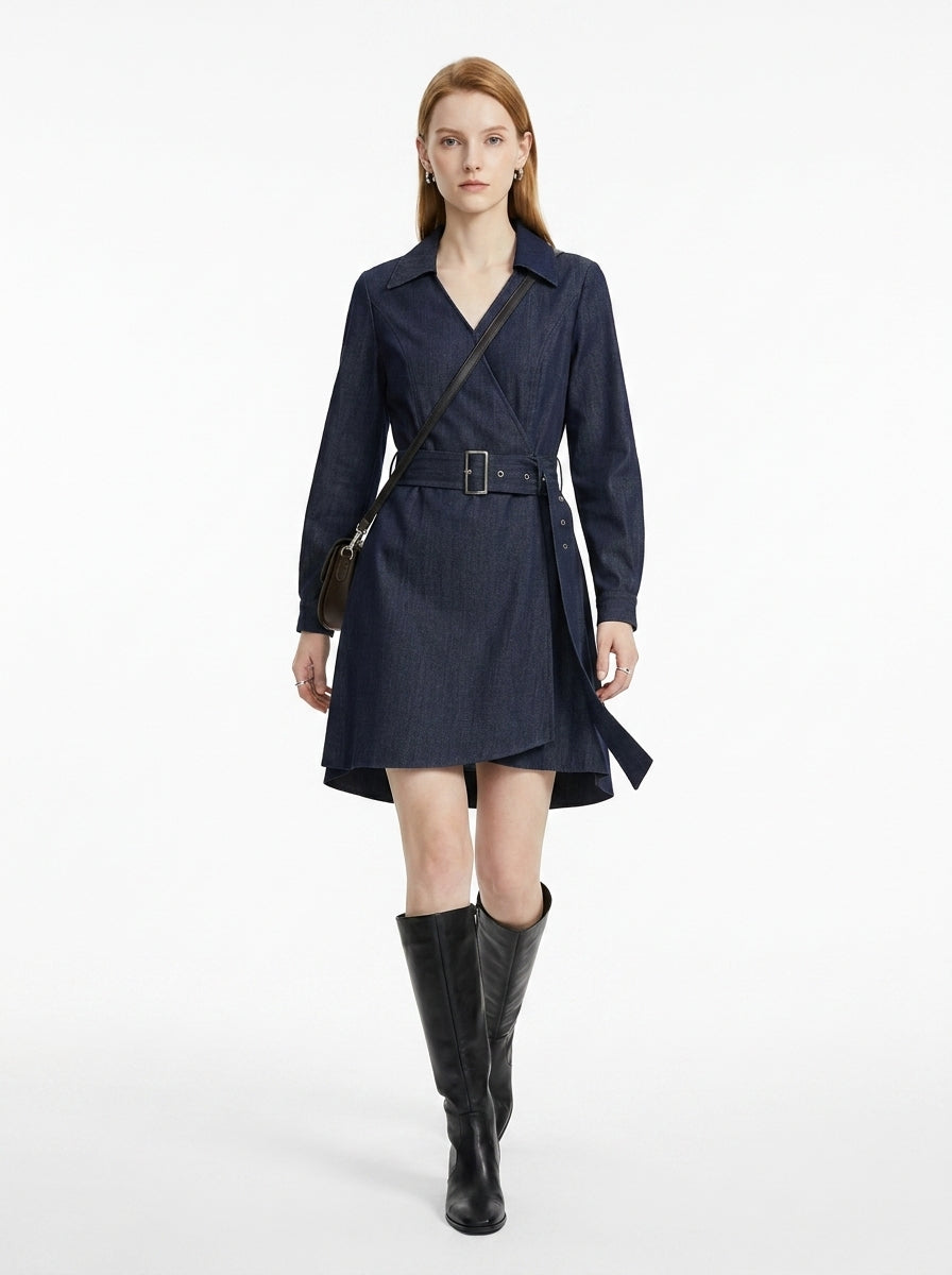 LadyLuxury | Office Chic Long Sleeve Wrap Midi Dress with Waist Tie