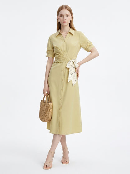 LadyLuxury | Women's Commuting V-Neck Shirt Dress - Elegant High-Waist A-Line Ribbon Dress in Yellow