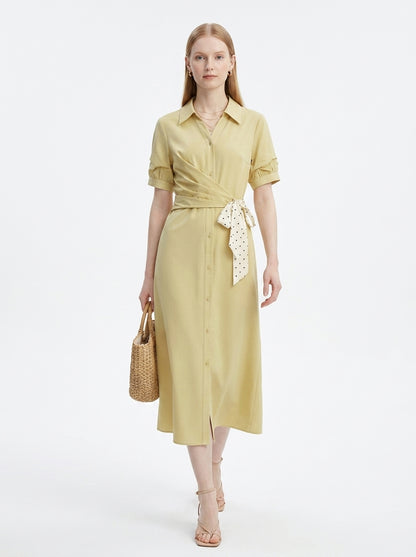 LadyLuxury | Women's Commuting V-Neck Shirt Dress - Elegant High-Waist A-Line Ribbon Dress in Yellow