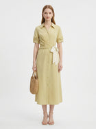 LadyLuxury | Women's Commuting V-Neck Shirt Dress - Elegant High-Waist A-Line Ribbon Dress in Yellow
