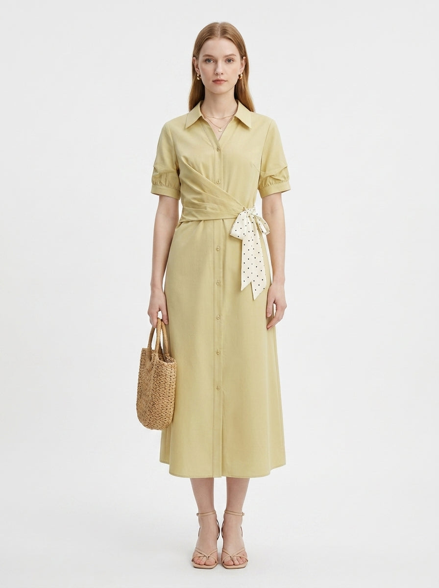 LadyLuxury | Women's Commuting V-Neck Shirt Dress - Elegant High-Waist A-Line Ribbon Dress in Yellow
