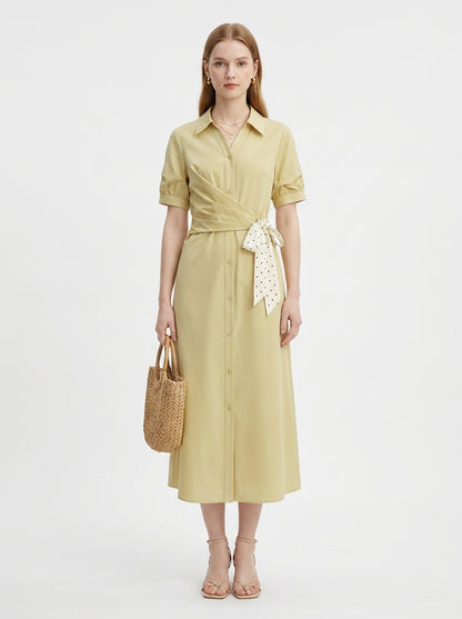 LadyLuxury | Women's Commuting V-Neck Shirt Dress - Elegant High-Waist A-Line Ribbon Dress in Yellow