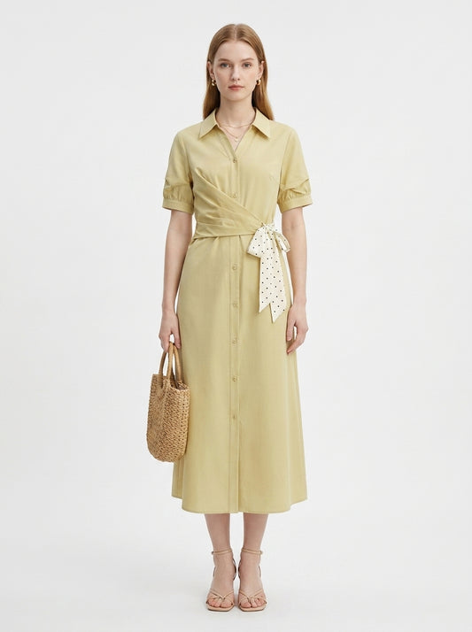 LadyLuxury | Women's Commuting V-Neck Shirt Dress - Elegant High-Waist A-Line Ribbon Dress in Yellow