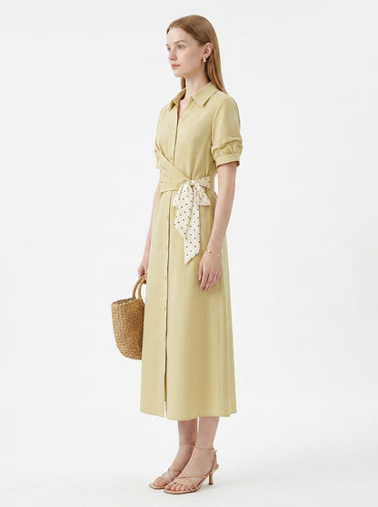 LadyLuxury | Women's Commuting V-Neck Shirt Dress - Elegant High-Waist A-Line Ribbon Dress in Yellow