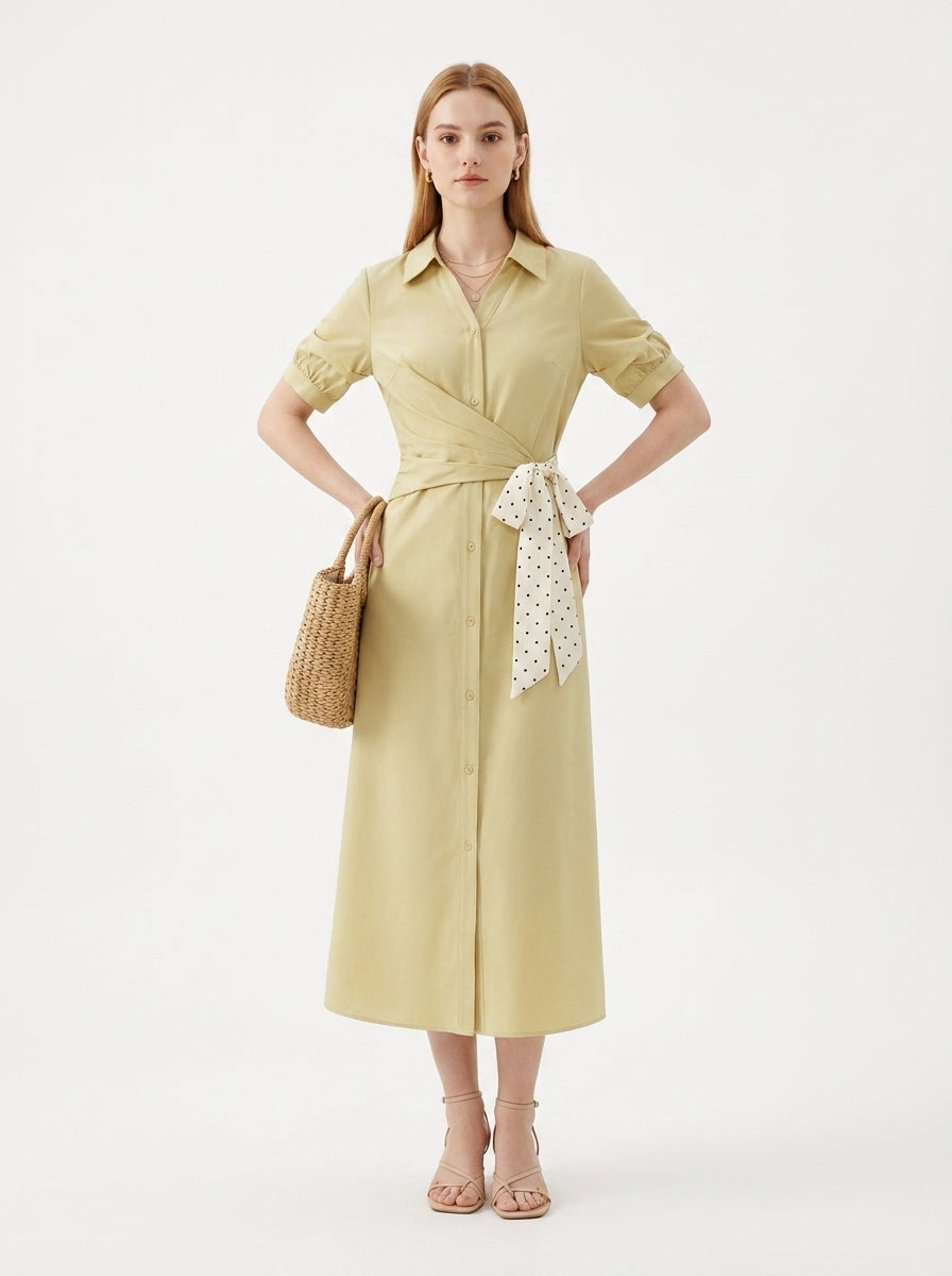 LadyLuxury | Women's Commuting V-Neck Shirt Dress - Elegant High-Waist A-Line Ribbon Dress in Yellow