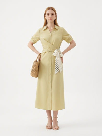 LadyLuxury | Women's Commuting V-Neck Shirt Dress - Elegant High-Waist A-Line Ribbon Dress in Yellow