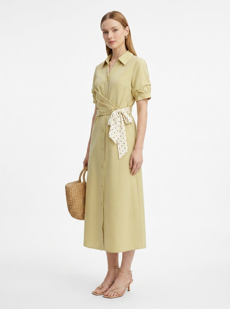 LadyLuxury | Women's Commuting V-Neck Shirt Dress - Elegant High-Waist A-Line Ribbon Dress in Yellow