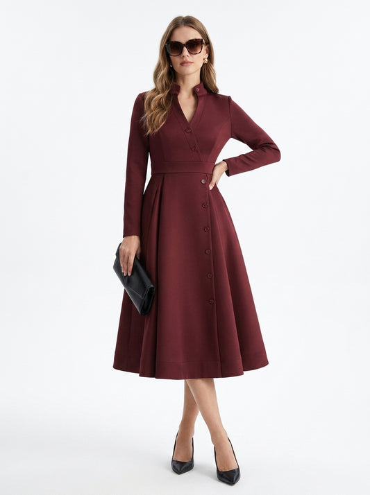 LadyLuxury | Elegant High-Waist A-Line Midi Dress with Pockets and Stand Collar in Burgundy