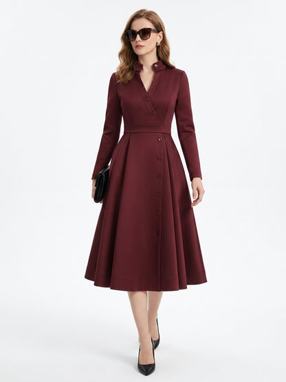 LadyLuxury | Elegant High-Waist A-Line Midi Dress with Pockets and Stand Collar in Burgundy