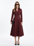 LadyLuxury | Elegant High-Waist A-Line Midi Dress with Pockets and Stand Collar in Burgundy