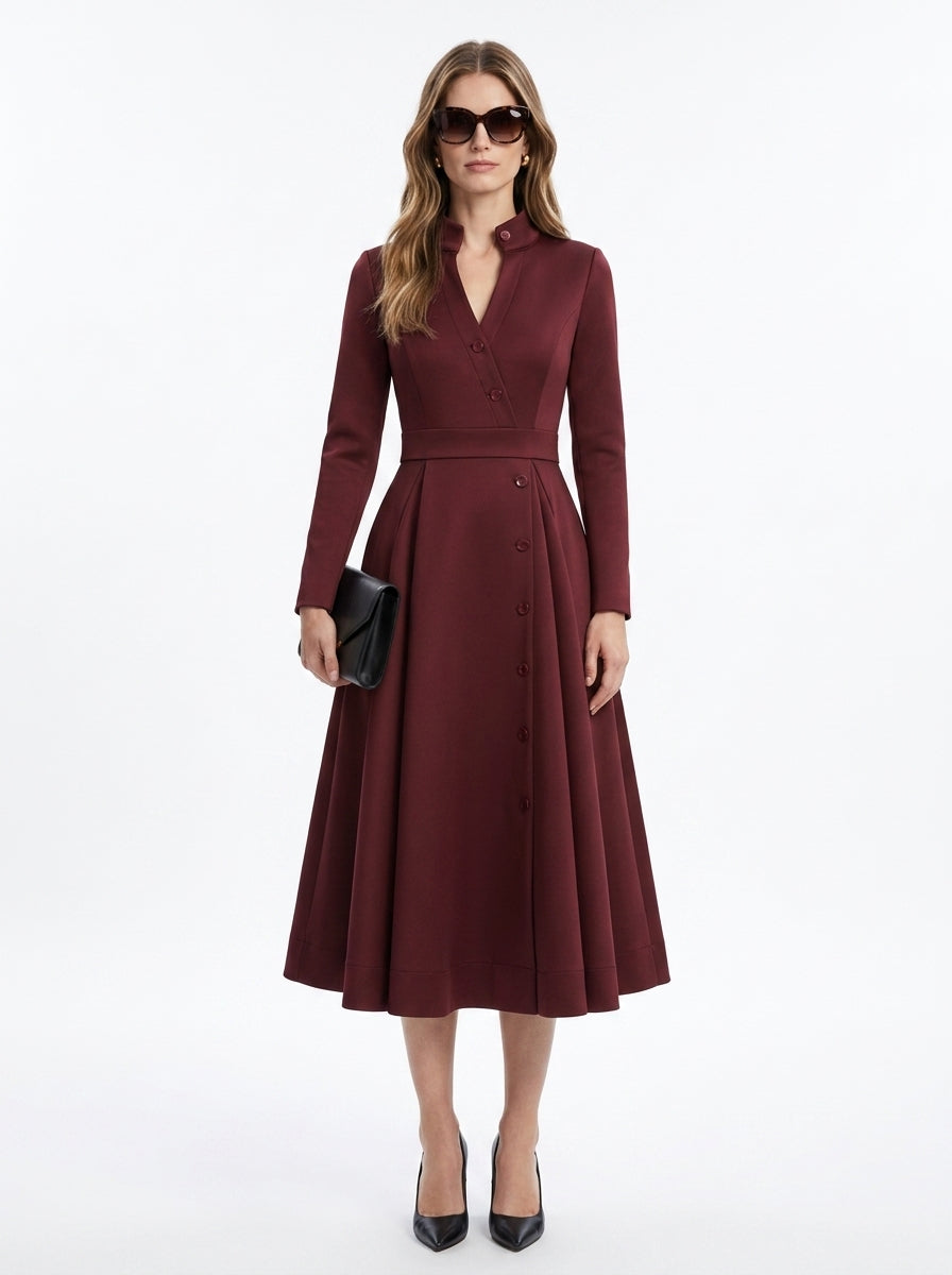 LadyLuxury | Elegant High-Waist A-Line Midi Dress with Pockets and Stand Collar in Burgundy