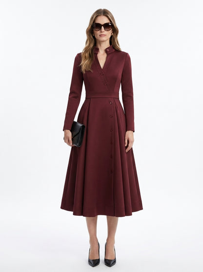 LadyLuxury | Elegant High-Waist A-Line Midi Dress with Pockets and Stand Collar in Burgundy