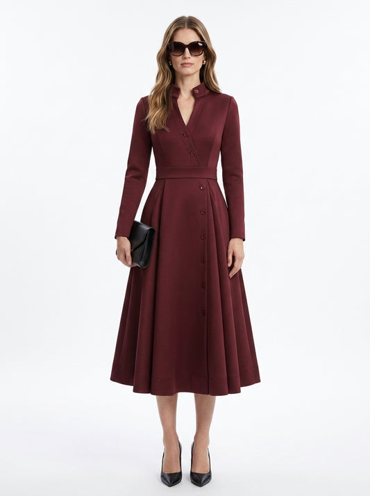 LadyLuxury | Elegant High-Waist A-Line Midi Dress with Pockets and Stand Collar in Burgundy
