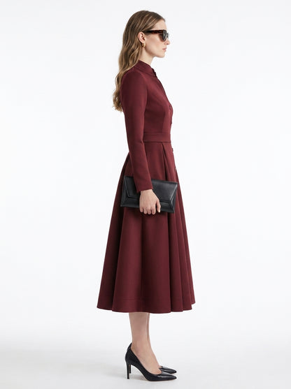 LadyLuxury | Elegant High-Waist A-Line Midi Dress with Pockets and Stand Collar in Burgundy