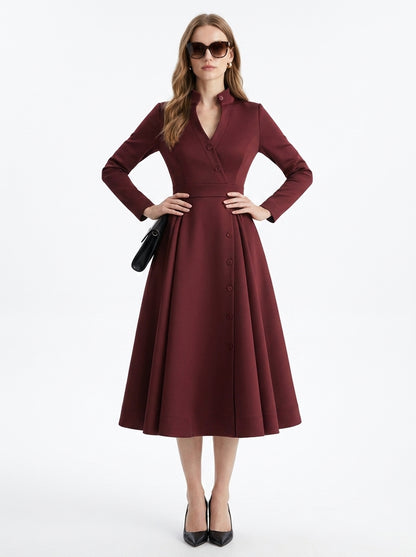 LadyLuxury | Elegant High-Waist A-Line Midi Dress with Pockets and Stand Collar in Burgundy