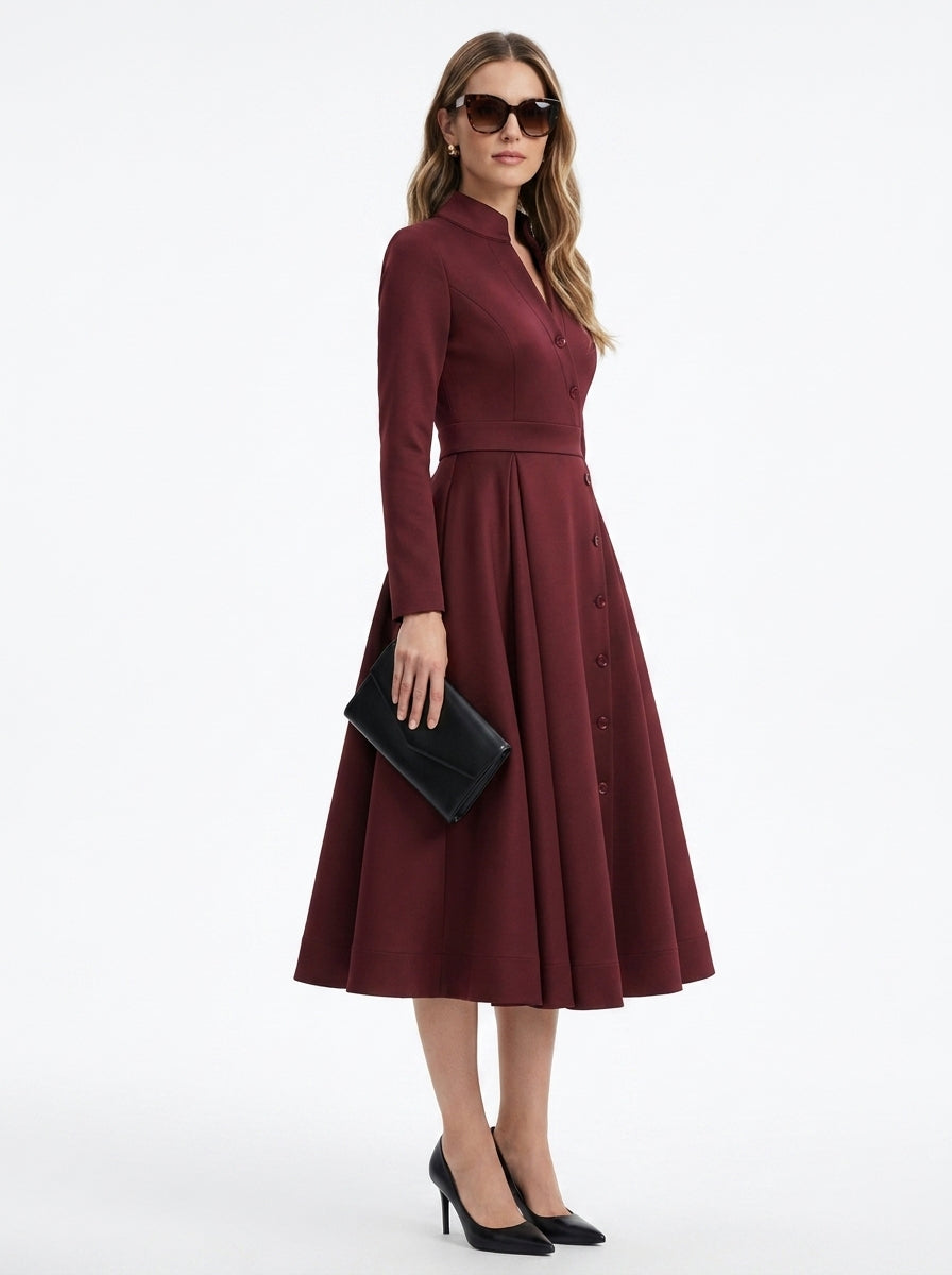 LadyLuxury | Elegant High-Waist A-Line Midi Dress with Pockets and Stand Collar in Burgundy