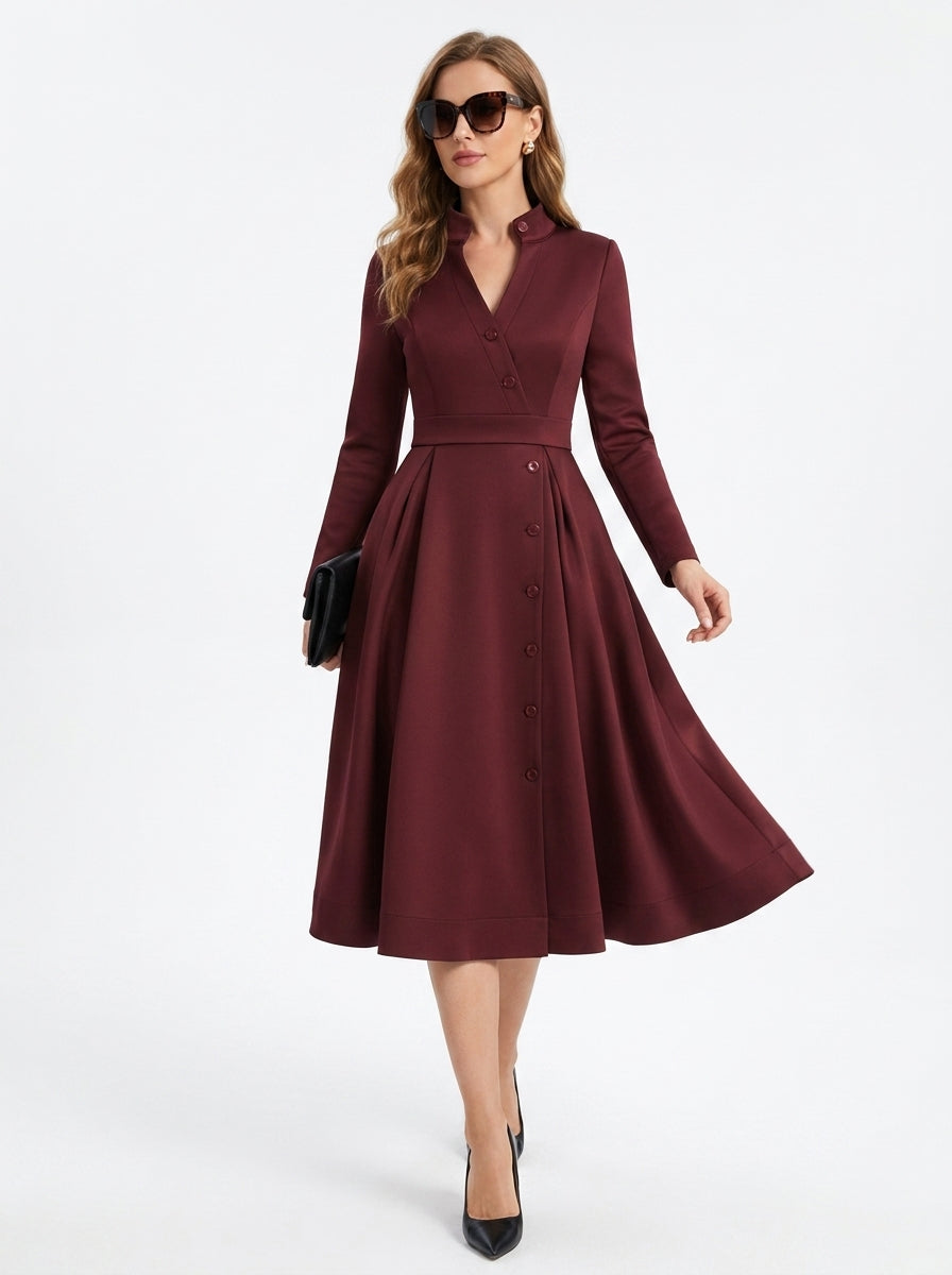 LadyLuxury | Elegant High-Waist A-Line Midi Dress with Pockets and Stand Collar in Burgundy