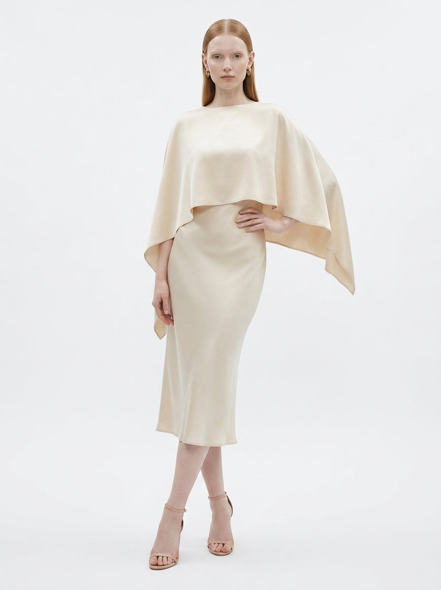 LadyLuxury | Elegant Cape Sleeve Maxi Dress - Pleated A-Line Evening Gown