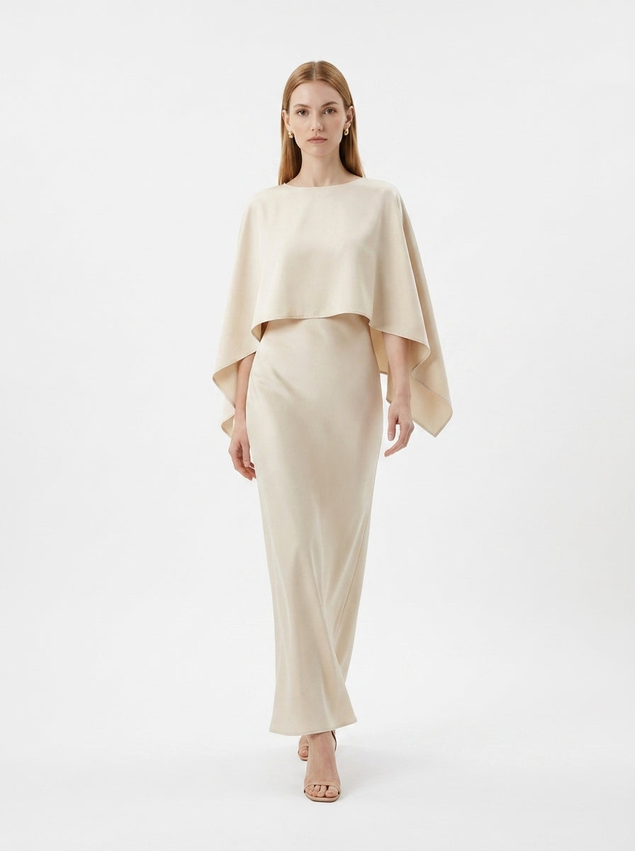 LadyLuxury | Elegant Cape Sleeve Maxi Dress - Pleated A-Line Evening Gown
