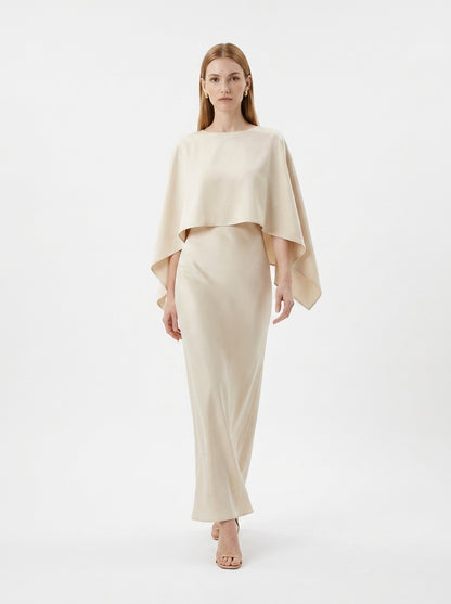 LadyLuxury | Elegant Cape Sleeve Maxi Dress - Pleated A-Line Evening Gown