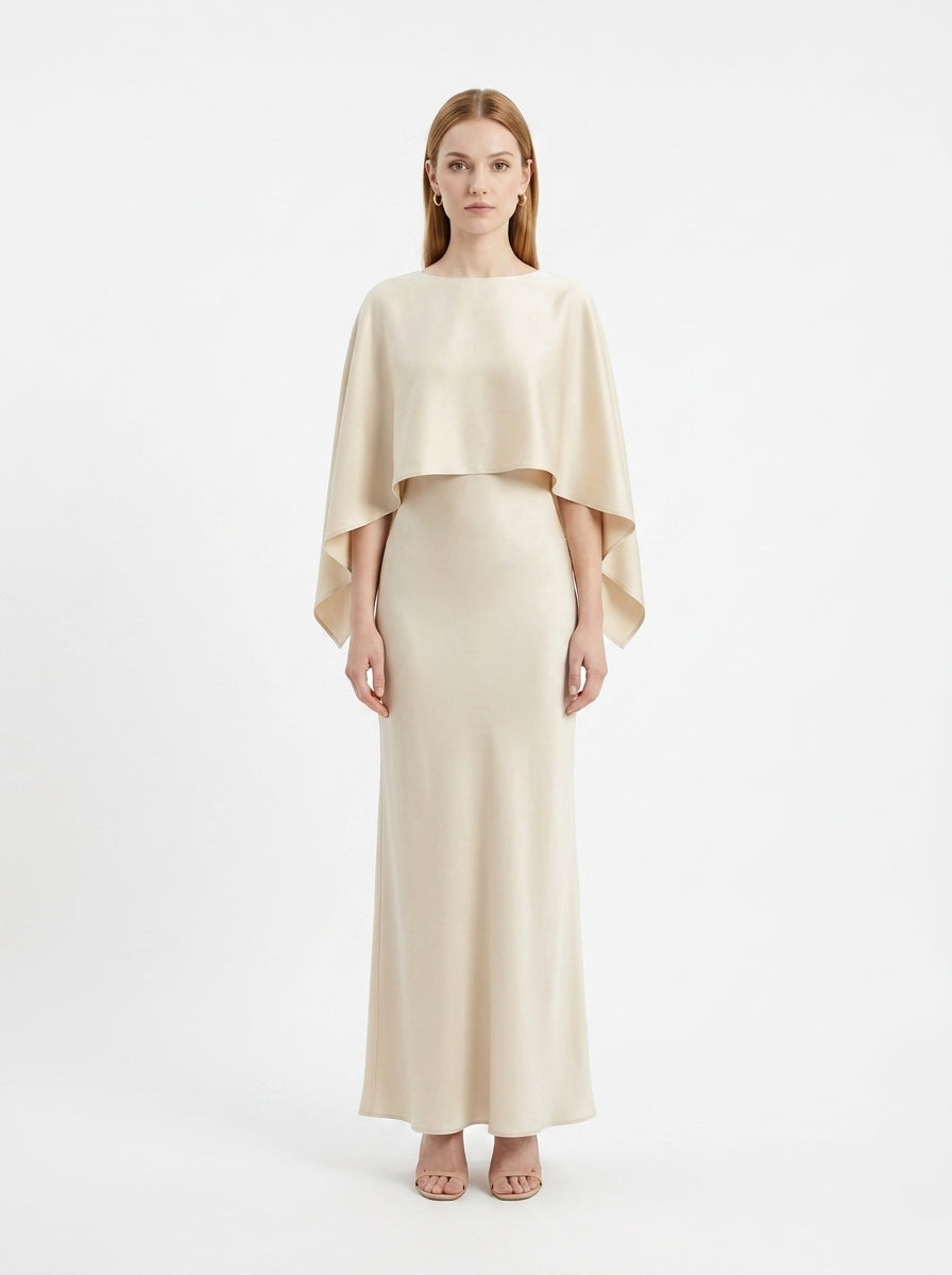 LadyLuxury | Elegant Cape Sleeve Maxi Dress - Pleated A-Line Evening Gown