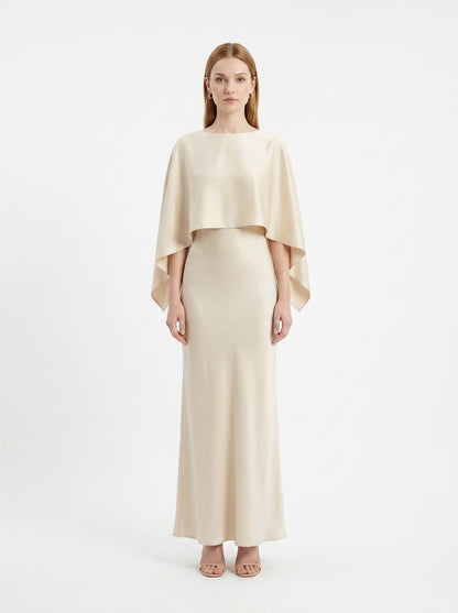 LadyLuxury | Elegant Cape Sleeve Maxi Dress - Pleated A-Line Evening Gown