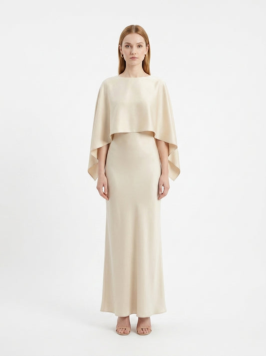 LadyLuxury | Elegant Cape Sleeve Maxi Dress - Pleated A-Line Evening Gown
