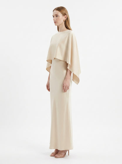 LadyLuxury | Elegant Cape Sleeve Maxi Dress - Pleated A-Line Evening Gown
