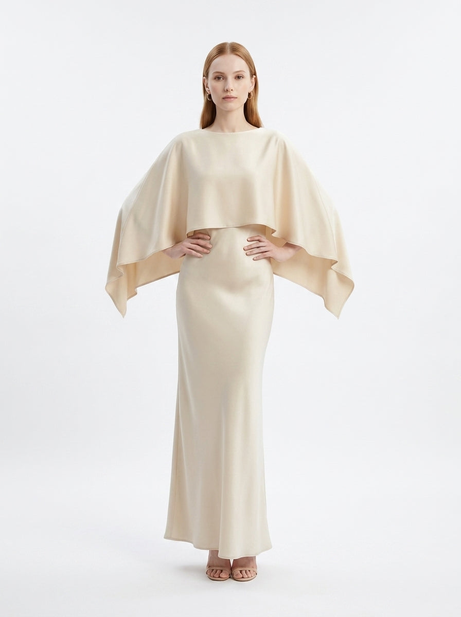 LadyLuxury | Elegant Cape Sleeve Maxi Dress - Pleated A-Line Evening Gown