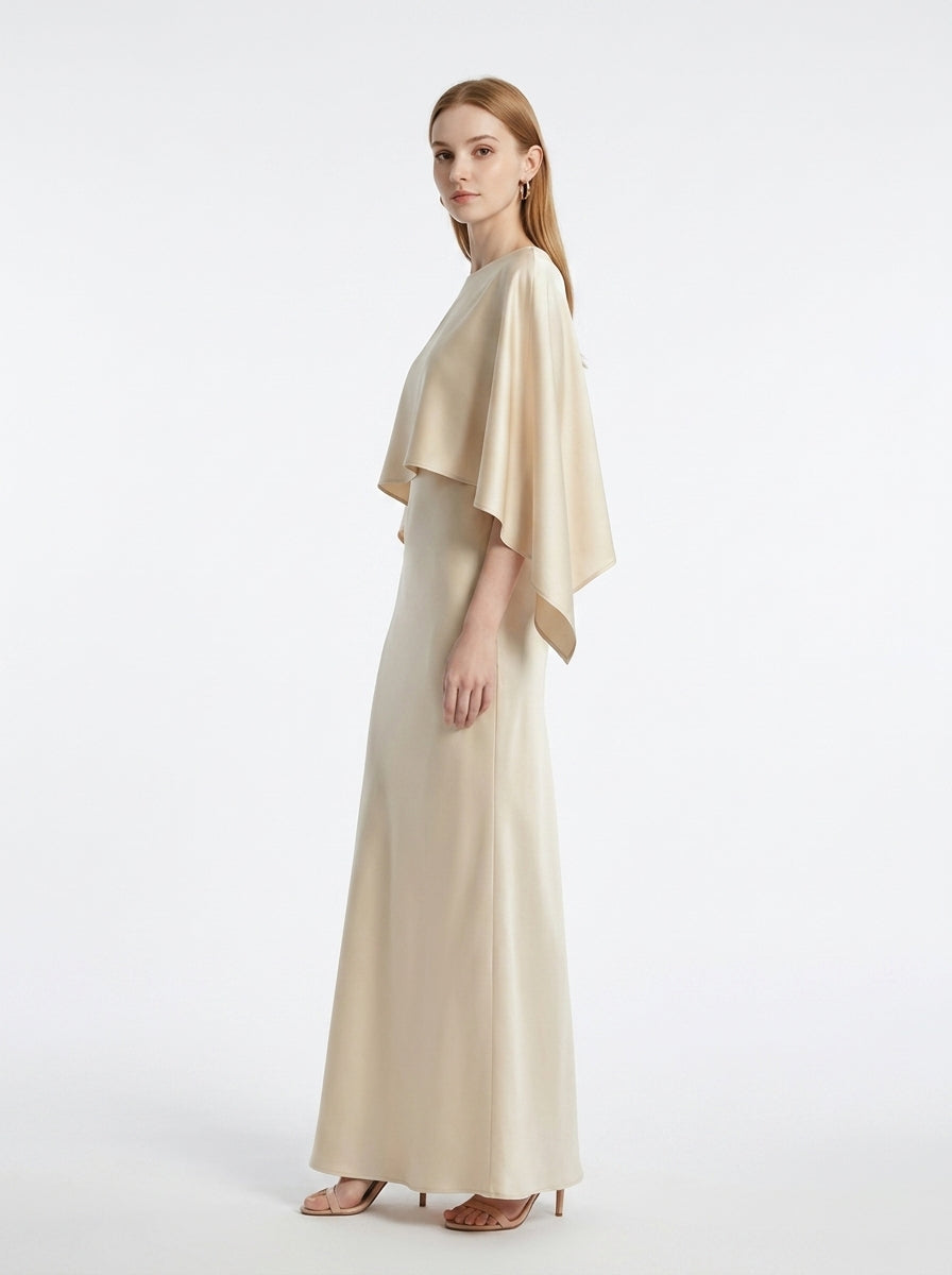 LadyLuxury | Elegant Cape Sleeve Maxi Dress - Pleated A-Line Evening Gown