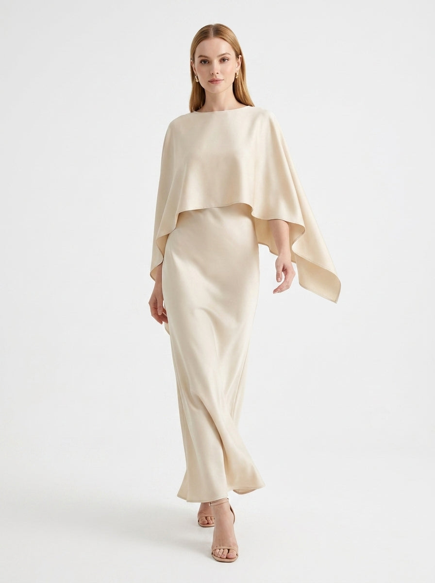 LadyLuxury | Elegant Cape Sleeve Maxi Dress - Pleated A-Line Evening Gown