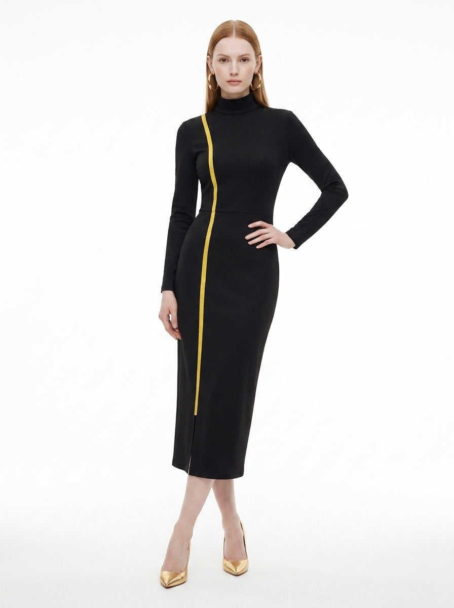 LadyLuxury | Elegant Gold Webbing High Neck Bodycon Maxi Dress in Black
