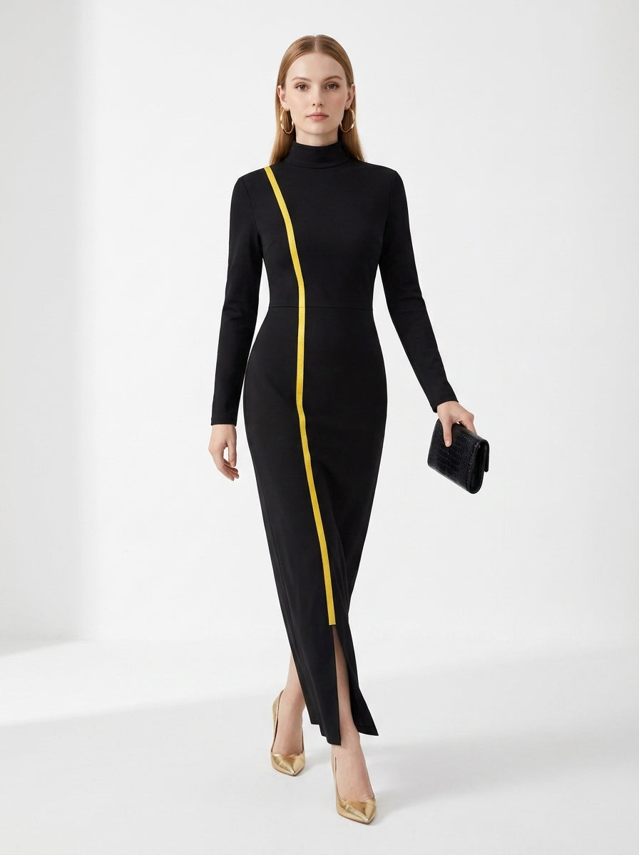 LadyLuxury | Elegant Gold Webbing High Neck Bodycon Maxi Dress in Black