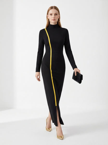 LadyLuxury | Elegant Gold Webbing High Neck Bodycon Maxi Dress in Black