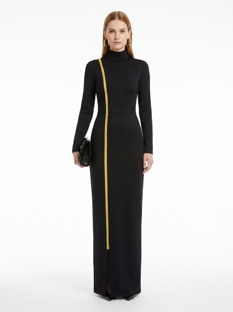 LadyLuxury | Elegant Gold Webbing High Neck Bodycon Maxi Dress in Black