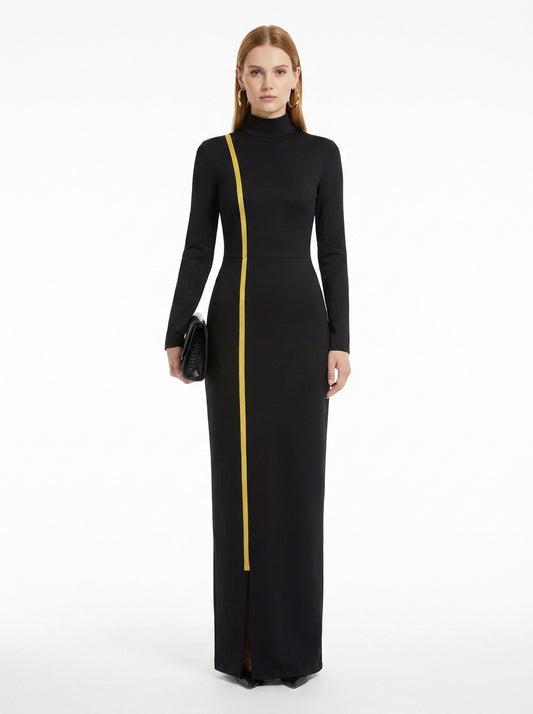 LadyLuxury | Elegant Gold Webbing High Neck Bodycon Maxi Dress in Black