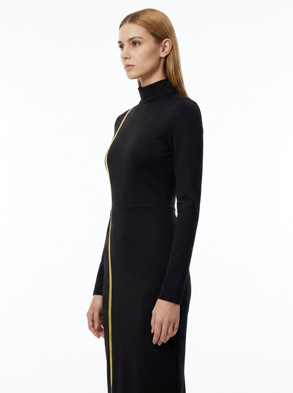 LadyLuxury | Elegant Gold Webbing High Neck Bodycon Maxi Dress in Black